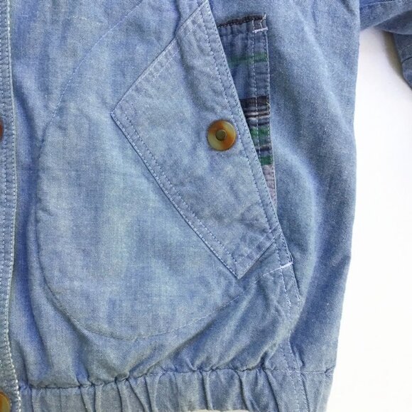 Vintage 90s London Fog Patchwork Plaid Jacket Womens M Blue Chambray Bomber Coat - Picture 6 of 14